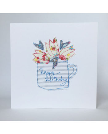 happy birthday greetings card freehand embroidered Sarah becvar flower mug pretty bespoke