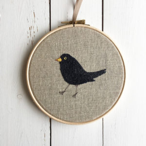 Sarah becvar design freehand machine embroidered blackbird hoop