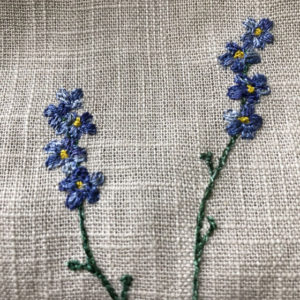 sarah Becvar freehand embroidered flower forget not apron linen