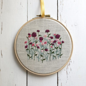 Sarah Becvar freehand machine embroidered dahlia and cosmos flower hoop textile art