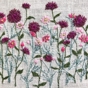Sarah Becvar freehand machine embroidered dahlia and cosmos flower embroidered hoop textile art