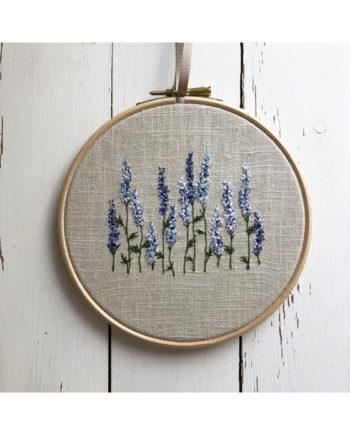 Sarah Becvar freehand machine embroidered delphinium flower hoop textile art