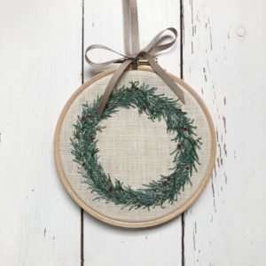 freehand machine embroidered Christmas wreath hoop textile artist Sarah Becvar