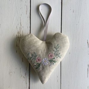 lavender heart with freehand machine embroidered flowers textile art decoration Sarah Becvar embroidery