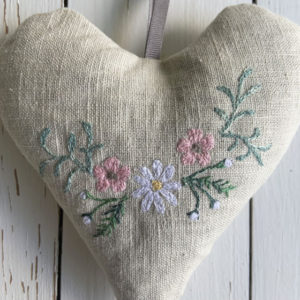 lavender heart with freehand machine embroidered flowers textile art decoration Sarah Becvar embroidery