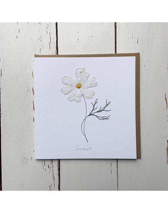 a wildflower notecard stitched directly onto a card blank using free motion machine embroidery and appliqué stitched by textile artist Sarah Becvar