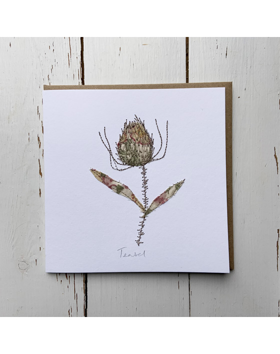 a wildflower notecard stitched directly onto a card blank using free motion machine embroidery and appliqué stitched by textile artist Sarah Becvar