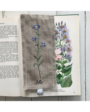 freehand machine embroidered linen flower freehand machine embroidered linen bookmark designed and stitched by textile artist sarah Becvar unique and handmade