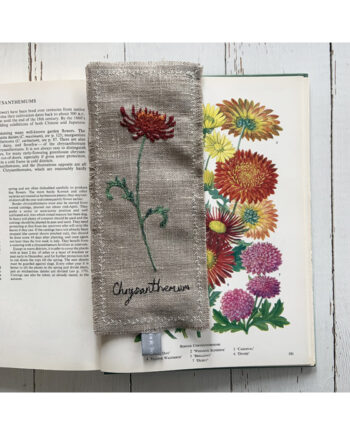 chrystanthemum freehand machine embroidered linen bookmark designed and stitched by textile artist sarah Becvar unique and handmade