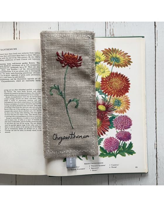 chrystanthemum freehand machine embroidered linen bookmark designed and stitched by textile artist sarah Becvar unique and handmade