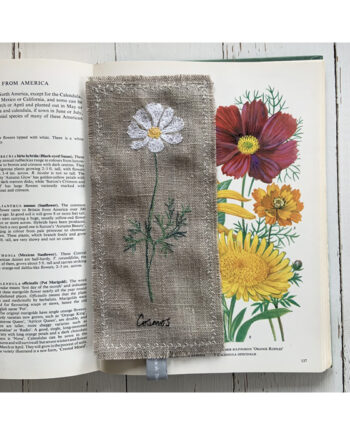 freehand machine embroidered linen flower freehand machine embroidered linen bookmark designed and stitched by textile artist sarah Becvar unique and handmade