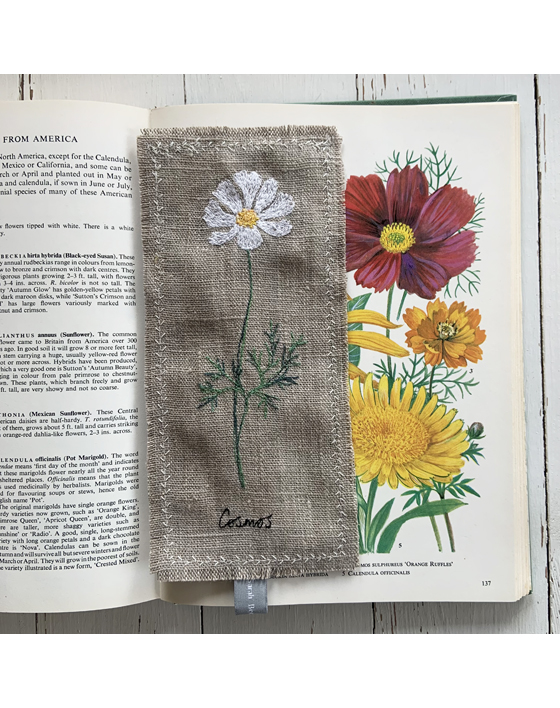 freehand machine embroidered linen flower freehand machine embroidered linen bookmark designed and stitched by textile artist sarah Becvar unique and handmade
