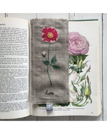 freehand machine embroidered linen flower freehand machine embroidered linen bookmark designed and stitched by textile artist sarah Becvar unique and handmade