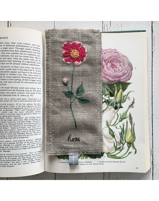 freehand machine embroidered linen flower freehand machine embroidered linen bookmark designed and stitched by textile artist sarah Becvar unique and handmade