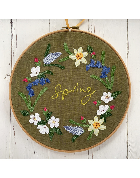 freehand machine embroidered flower hoop with applique embroidery by sarah becvar