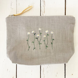 Embroidered Makeup Bag Daisies On Grey Linen