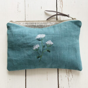 Embroidered Pouch Cow Parsley on Blue Linen