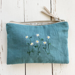 Embroidered Linen Pouch Daisies on Blue