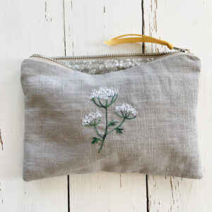 Embroidered Linen Pouch Cow Parsley on Grey