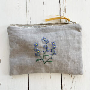 Embroidered Pouch Forget Me Nots on Grey Linen