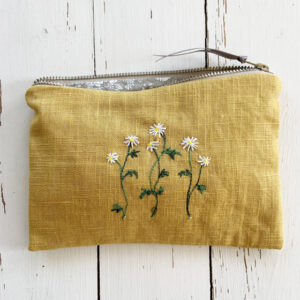 Embroidered Pouch Daisies on Yellow Linen
