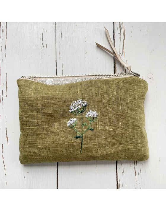 freehand machine embroidered cow parsley pouch embroidered by textile artist sarah becvar