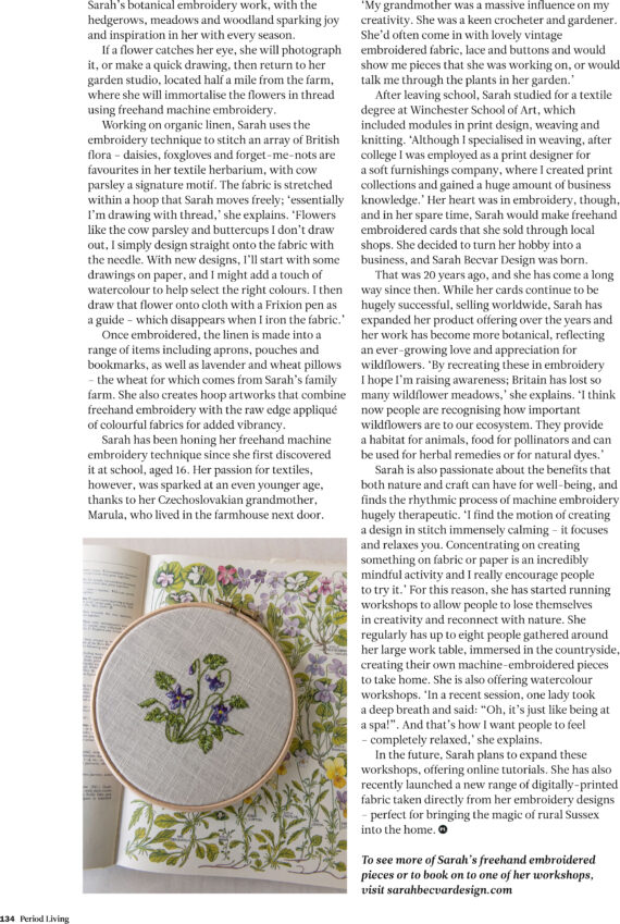 sarah becvar freehand machine embroidery textile artist period living magazine press coverage