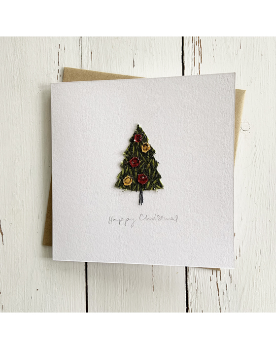 freehand machine embroidered christmas card designed by textile artist sarah becvar hand made applique unique embroidered greetings card