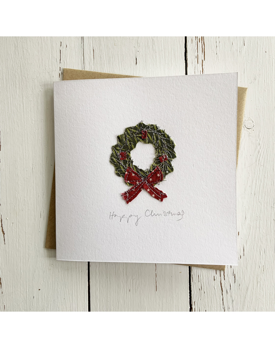 freehand machine embroidered christmas card designed by textile artist sarah becvar hand made applique unique embroidered greetings card