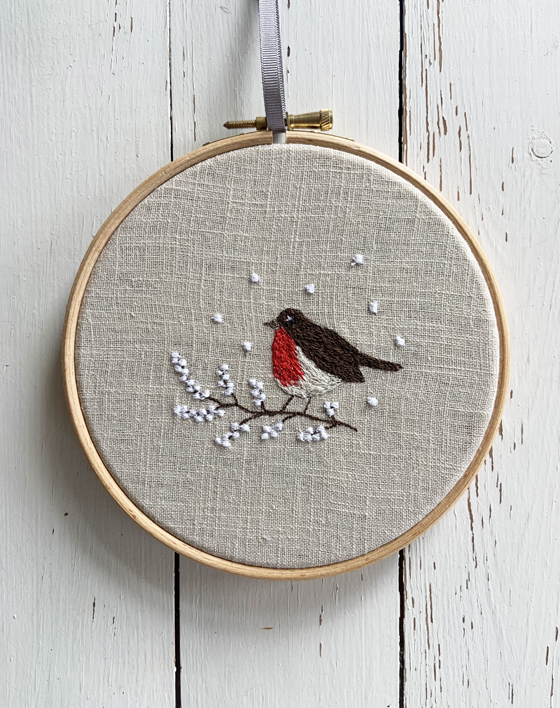 freehand machine embroidered winter snow scene embroidered by textile artist sarah becvar