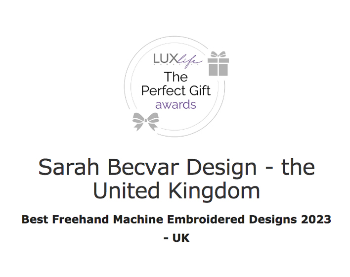 sarah becvar design award for the best freehand embroidered designs in the Luxlife perfect gift awards